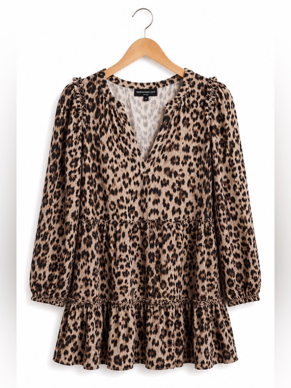 Generations Love Leopard Print Tiered Mini Dress XS Boho Babydoll Puff Sleeve